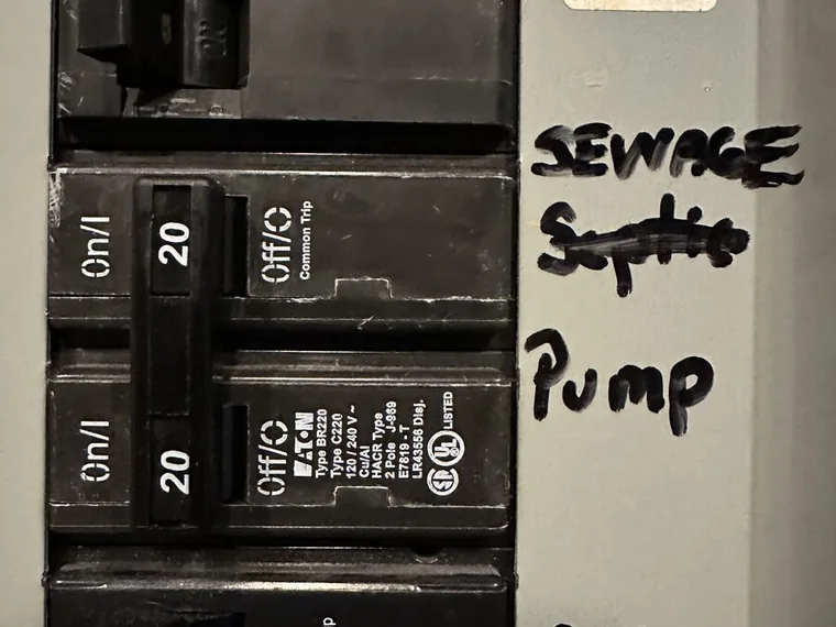 Labeled septic pump breaker traced and tested by SepticRooter™ in Woodstock, Cherokee County